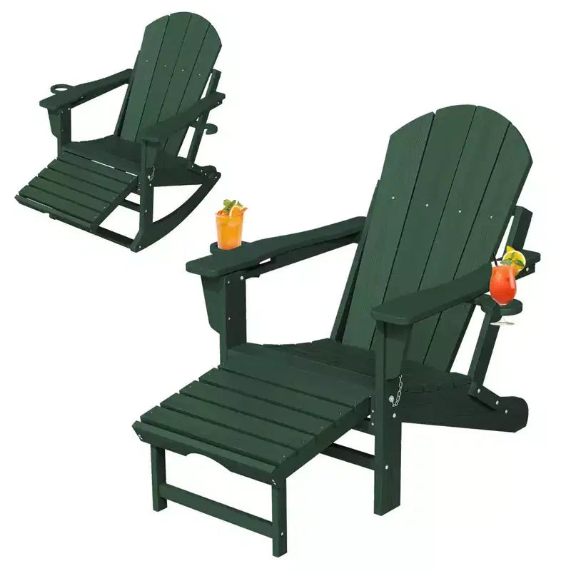 Fauteuil à bascule Adirondack avec repose-pieds escamotable et porte-gobelet, chaise Adirondack pliante en PEHD résistant aux intempéries, fauteuil de foyer pour les porches, les terrasses