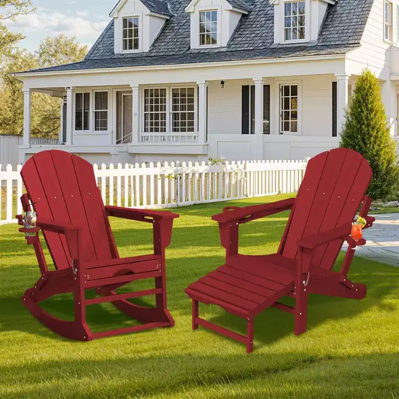 Fauteuil à bascule Adirondack avec repose-pieds escamotable et porte-gobelet, chaise Adirondack pliante en PEHD résistant aux intempéries, fauteuil de foyer pour les porches, les terrasses