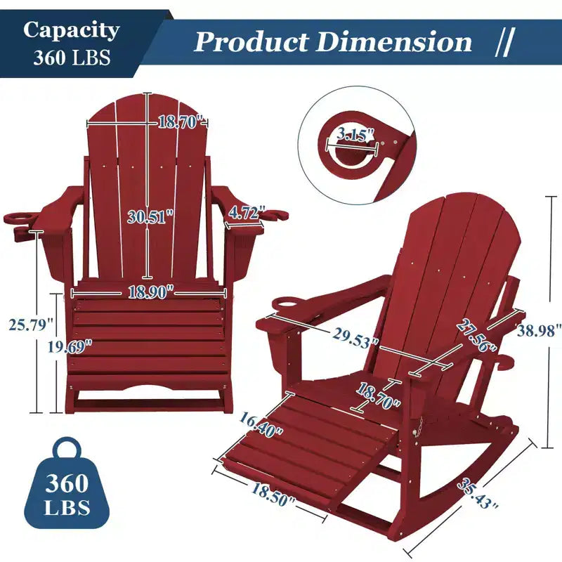 Fauteuil à bascule Adirondack avec repose-pieds escamotable et porte-gobelet, chaise Adirondack pliante en PEHD résistant aux intempéries, fauteuil de foyer pour les porches, les terrasses