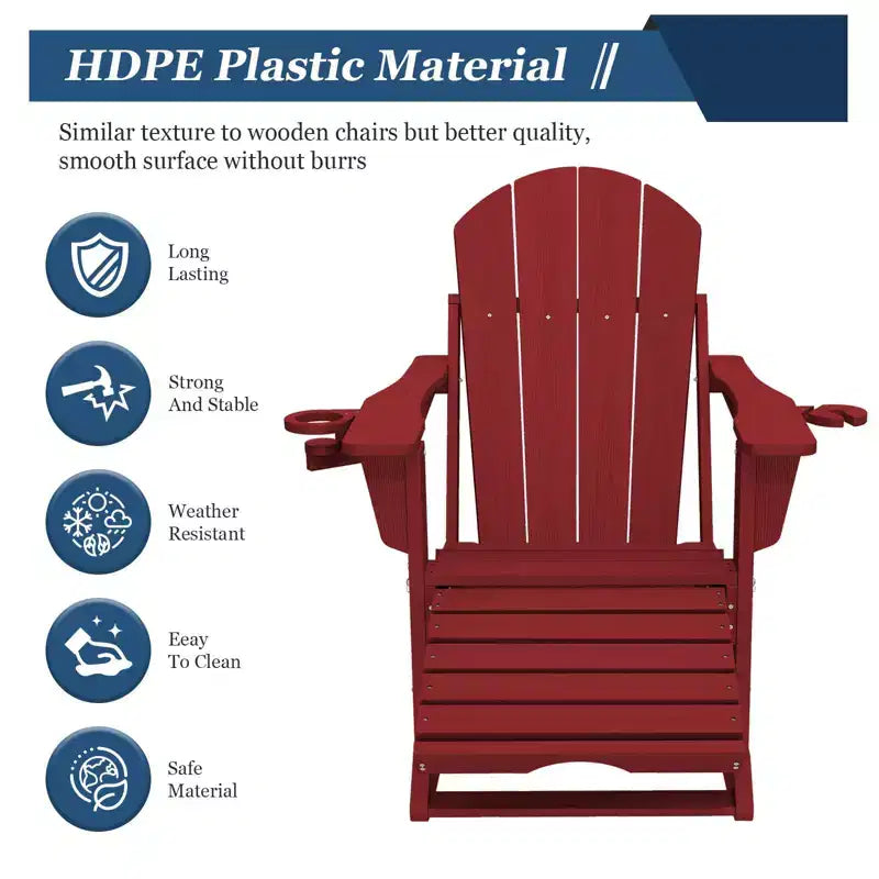 Fauteuil à bascule Adirondack avec repose-pieds escamotable et porte-gobelet, chaise Adirondack pliante en PEHD résistant aux intempéries, fauteuil de foyer pour les porches, les terrasses