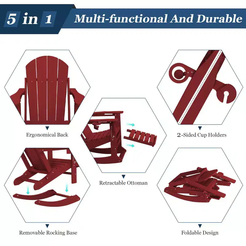 Fauteuil à bascule Adirondack avec repose-pieds escamotable et porte-gobelet, chaise Adirondack pliante en PEHD résistant aux intempéries, fauteuil de foyer pour les porches, les terrasses