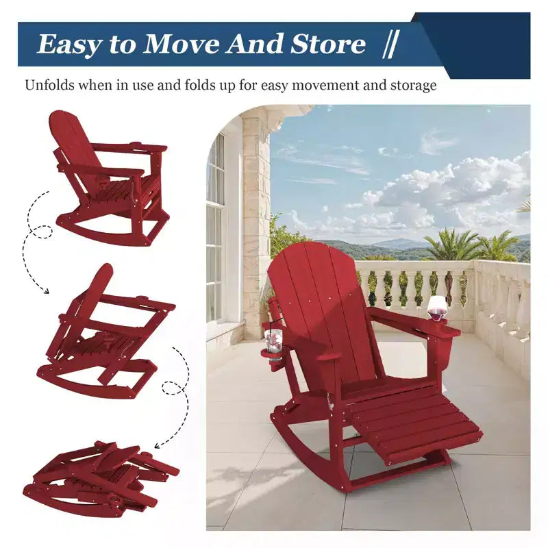 Fauteuil à bascule Adirondack avec repose-pieds escamotable et porte-gobelet, chaise Adirondack pliante en PEHD résistant aux intempéries, fauteuil de foyer pour les porches, les terrasses