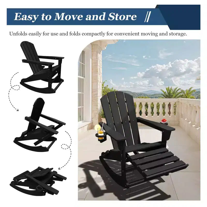 Fauteuil à bascule Adirondack avec repose-pieds escamotable et porte-gobelet, chaise Adirondack pliante en PEHD résistant aux intempéries, fauteuil de foyer pour les porches, les terrasses