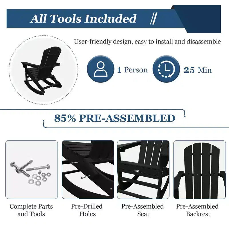 Fauteuil à bascule Adirondack avec repose-pieds escamotable et porte-gobelet, chaise Adirondack pliante en PEHD résistant aux intempéries, fauteuil de foyer pour les porches, les terrasses