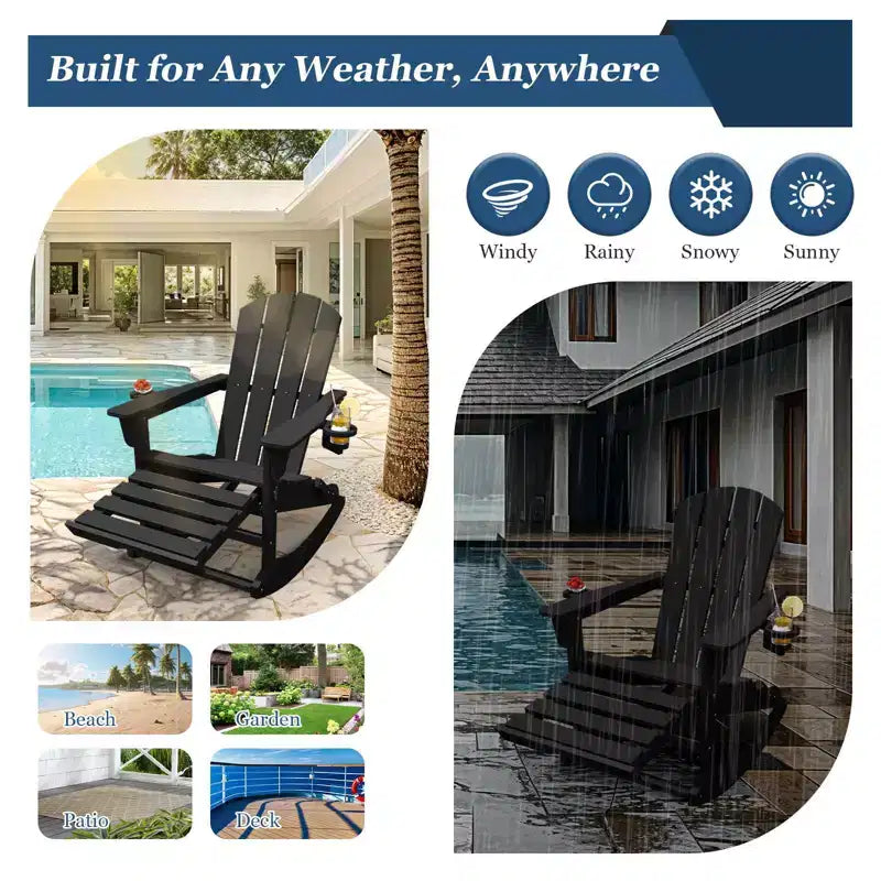 Fauteuil à bascule Adirondack avec repose-pieds escamotable et porte-gobelet, chaise Adirondack pliante en PEHD résistant aux intempéries, fauteuil de foyer pour les porches, les terrasses