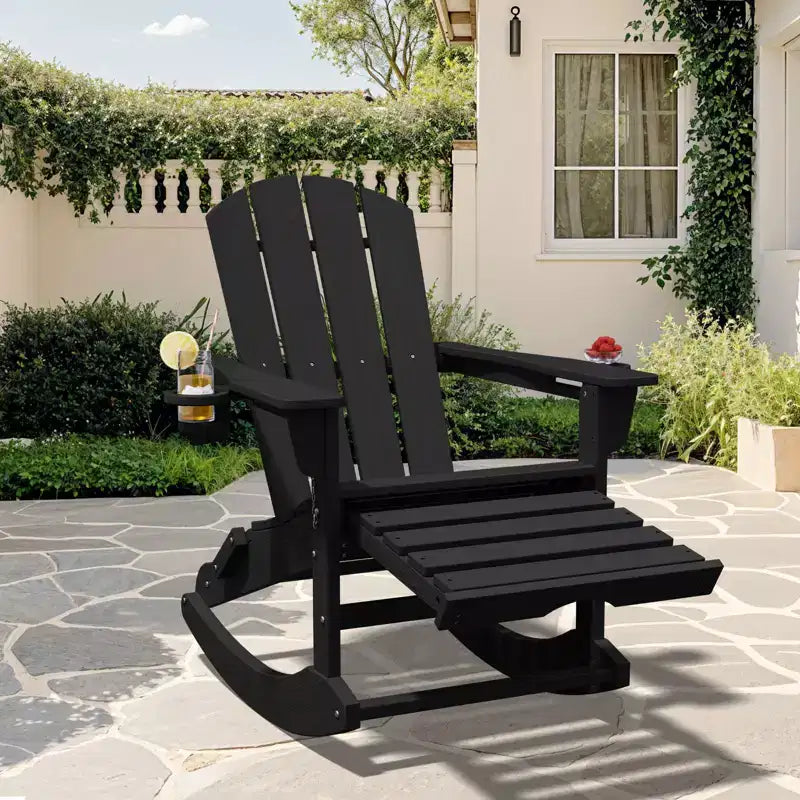 Fauteuil à bascule Adirondack avec repose-pieds escamotable et porte-gobelet, chaise Adirondack pliante en PEHD résistant aux intempéries, fauteuil de foyer pour les porches, les terrasses