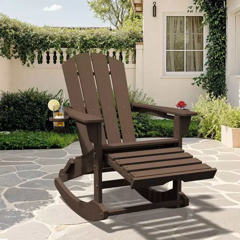 Adirondack Rocking Chair with Retractable Ottoman and Cup Holder, All Weather HDPE Folding Adirondack Chair,Fire Pit Chair for Porches, Patios