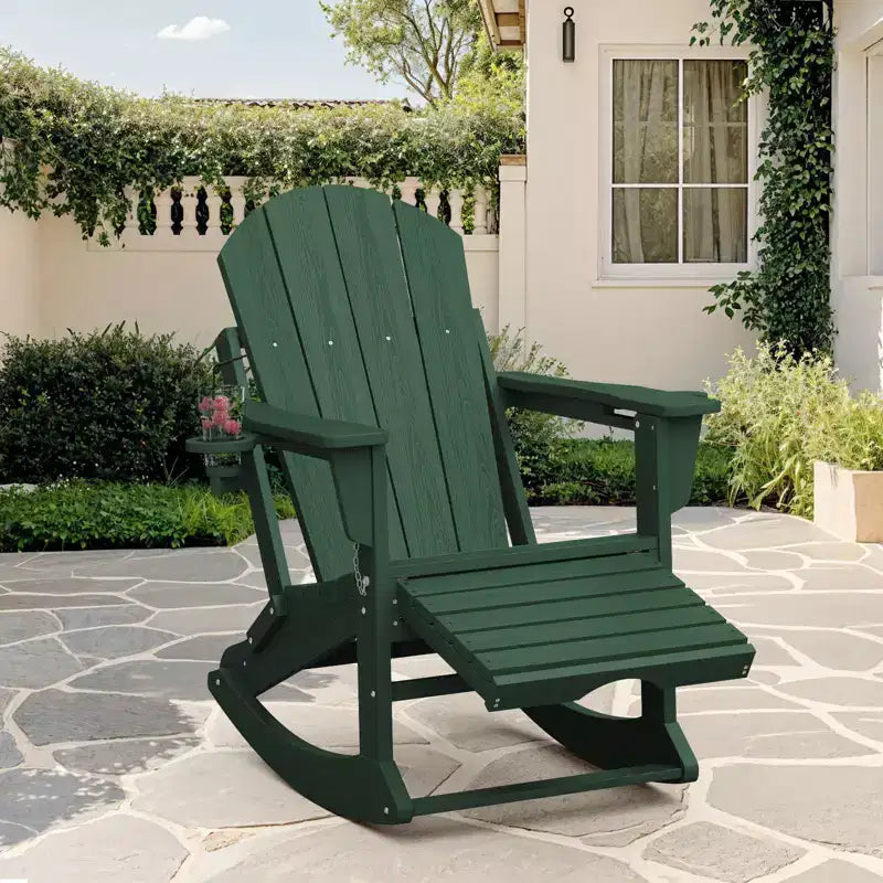 Adirondack Rocking Chair with Retractable Ottoman and Cup Holder, All Weather HDPE Folding Adirondack Chair,Fire Pit Chair for Porches, Patios