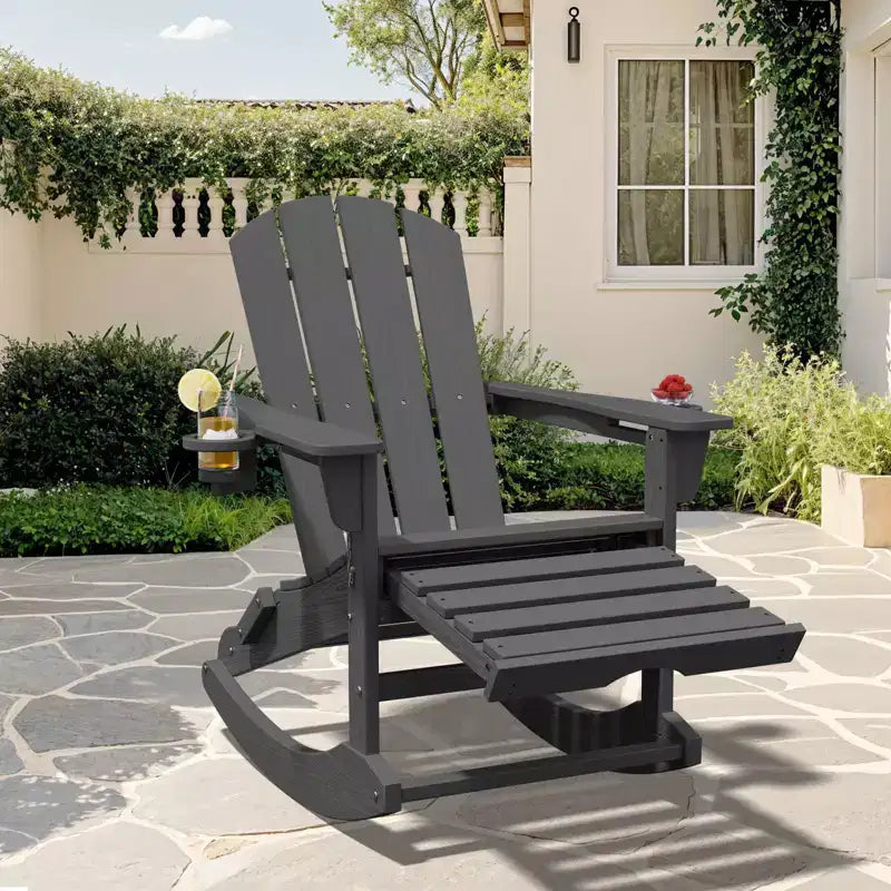 Adirondack Rocking Chair with Retractable Ottoman and Cup Holder, All Weather HDPE Folding Adirondack Chair,Fire Pit Chair for Porches, Patios