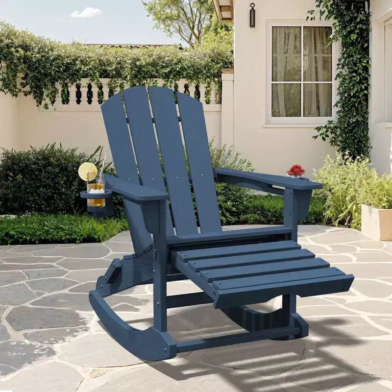 Adirondack Rocking Chair with Retractable Ottoman and Cup Holder, All Weather HDPE Folding Adirondack Chair,Fire Pit Chair for Porches, Patios