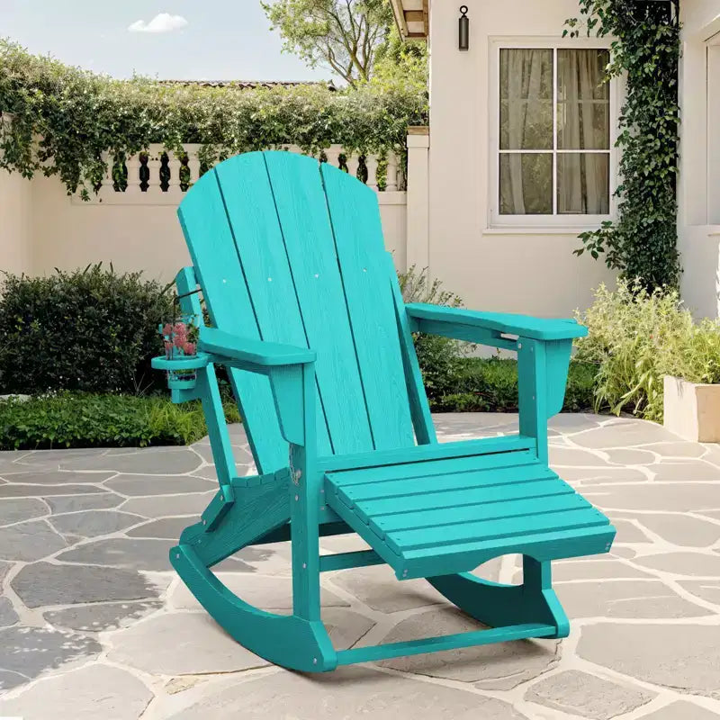 Adirondack Rocking Chair with Retractable Ottoman and Cup Holder, All Weather HDPE Folding Adirondack Chair,Fire Pit Chair for Porches, Patios