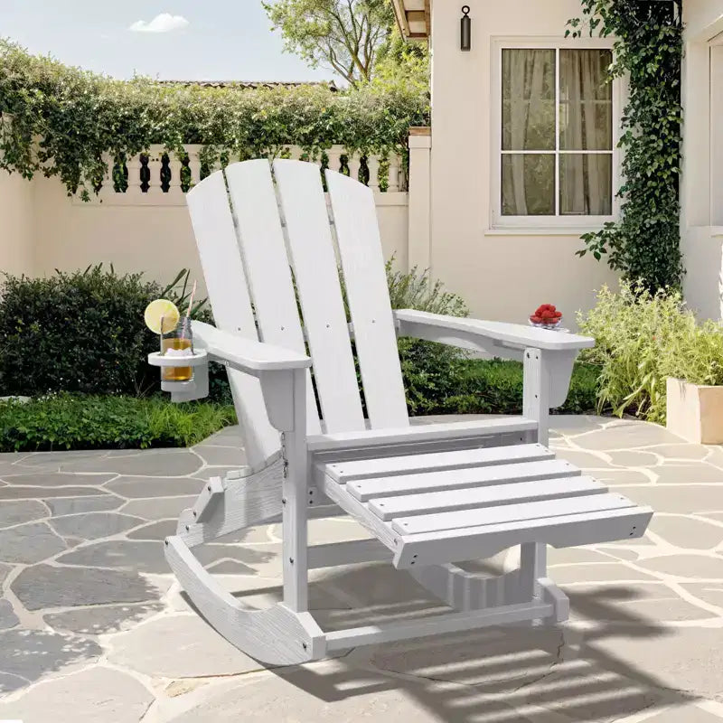Adirondack Rocking Chair with Retractable Ottoman and Cup Holder, All Weather HDPE Folding Adirondack Chair,Fire Pit Chair for Porches, Patios