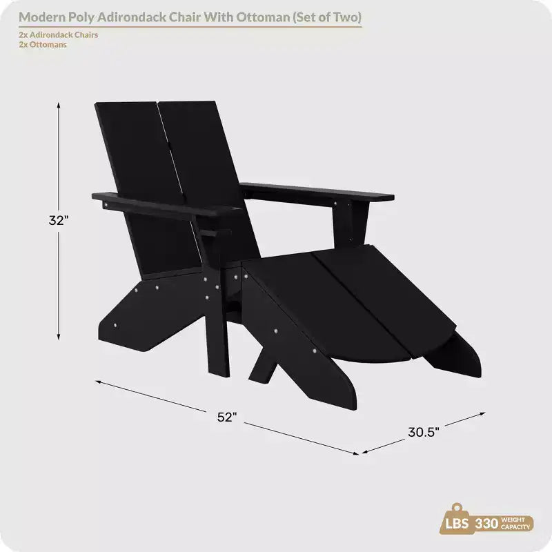WestinTrends Riviera Outdoor 4-Piece HDPE Modern Adirondack Chairs Set with Folding Patio Ottomans and Cup Holder