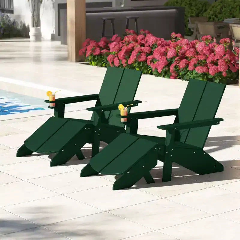 WestinTrends Riviera Outdoor 4-Piece HDPE Modern Adirondack Chairs Set with Folding Patio Ottomans and Cup Holder