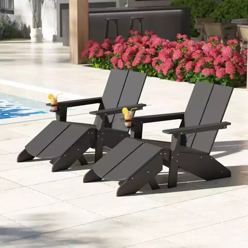WestinTrends Riviera Outdoor 4-Piece HDPE Modern Adirondack Chairs Set with Folding Patio Ottomans and Cup Holder