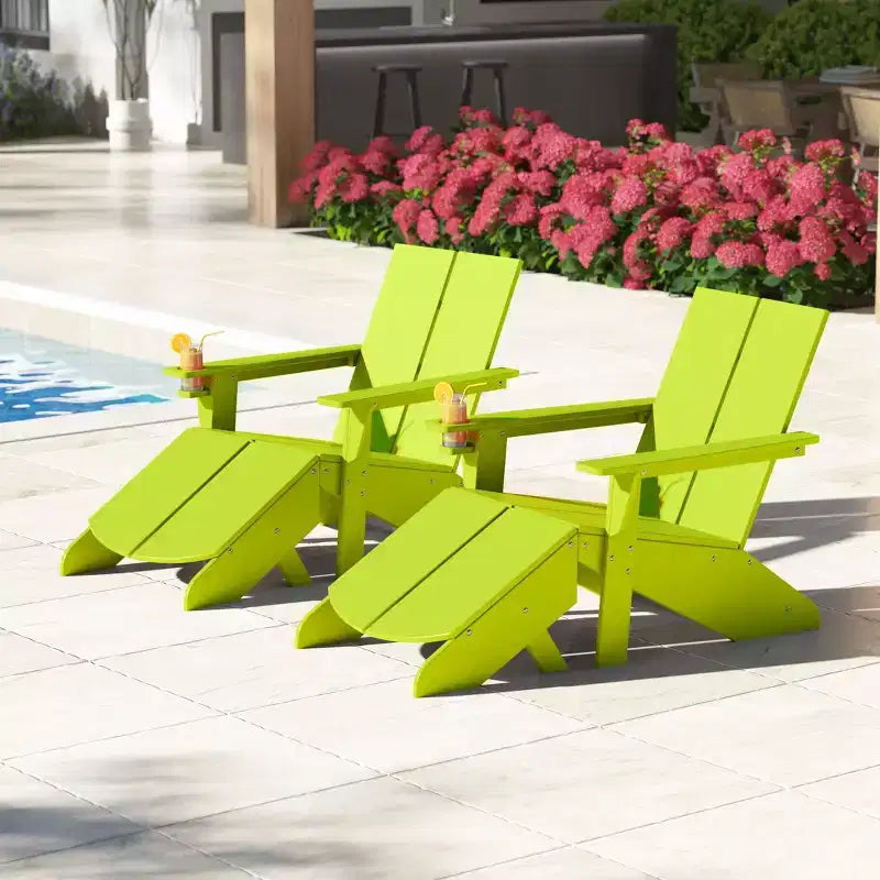 WestinTrends Riviera Outdoor 4-Piece HDPE Modern Adirondack Chairs Set with Folding Patio Ottomans and Cup Holder