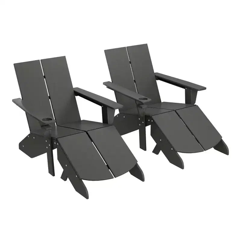 WestinTrends Riviera Outdoor 4-Piece HDPE Modern Adirondack Chairs Set with Folding Patio Ottomans and Cup Holder