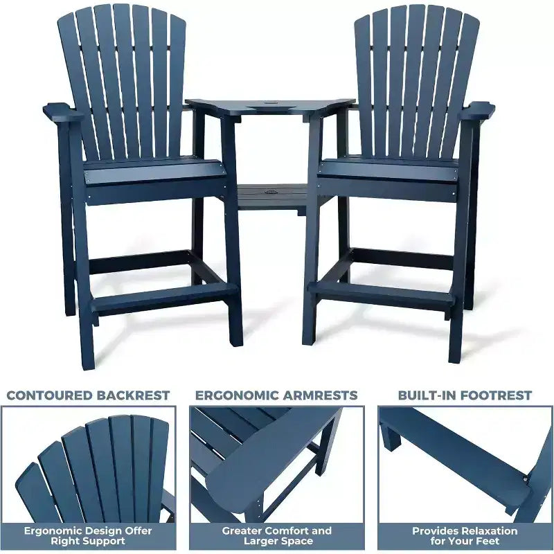 Outdoor Bar Height Adirondack Chairs with Connected Tray, Balcony Chairs, for Deck, Backyard, Outdoor Weather Resistant 2 Piece Set