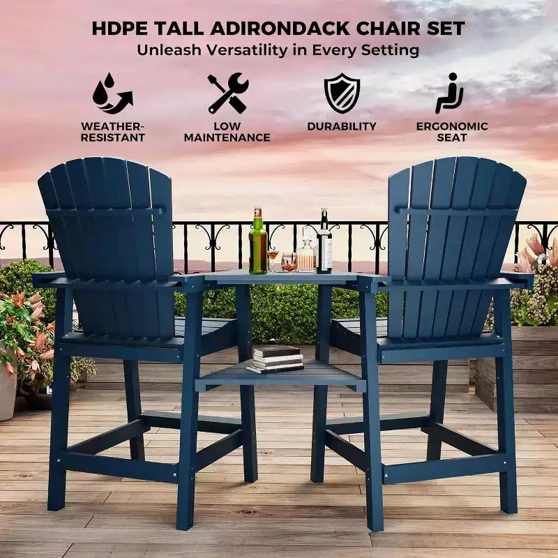 Outdoor Bar Height Adirondack Chairs with Connected Tray, Balcony Chairs, for Deck, Backyard, Outdoor Weather Resistant 2 Piece Set