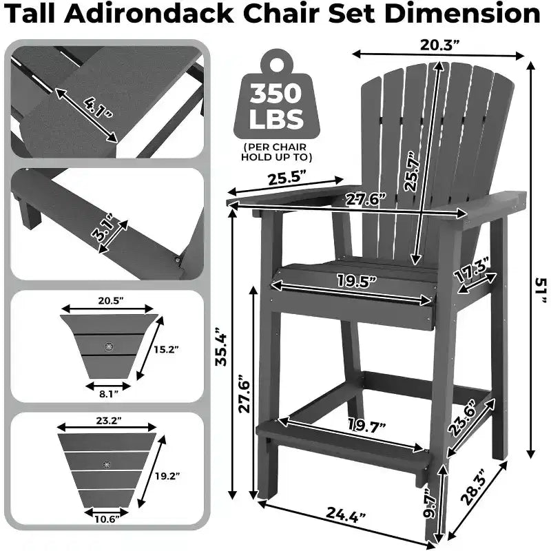 Outdoor Bar Height Adirondack Chairs with Connected Tray, Balcony Chairs, for Deck, Backyard, Outdoor Weather Resistant 2 Piece Set