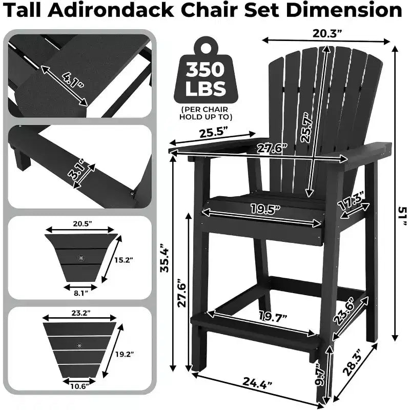 Outdoor Bar Height Adirondack Chairs with Connected Tray, Balcony Chairs, for Deck, Backyard, Outdoor Weather Resistant 2 Piece Set