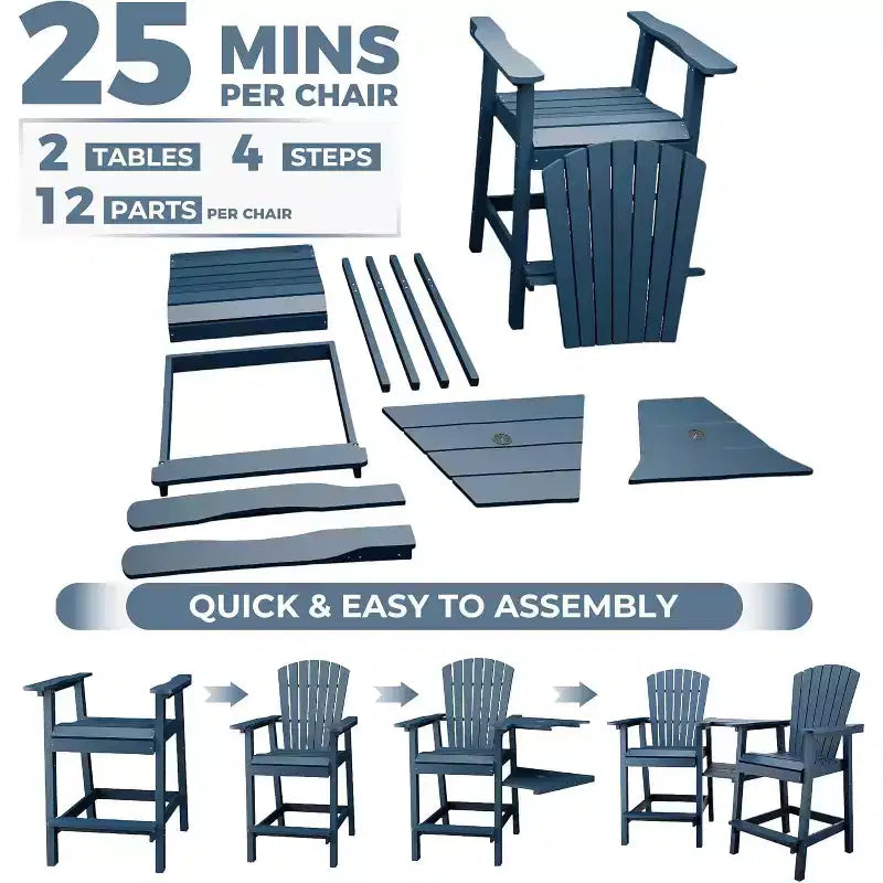 Outdoor Bar Height Adirondack Chairs with Connected Tray, Balcony Chairs, for Deck, Backyard, Outdoor Weather Resistant 2 Piece Set