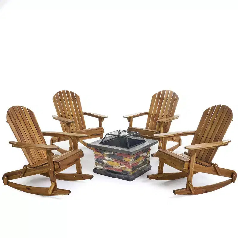 Christopher Knight Home Hermes, ensemble de 5 pièces pour extérieur, fauteuils à bascule Adirondack en bois d'acacia et foyer