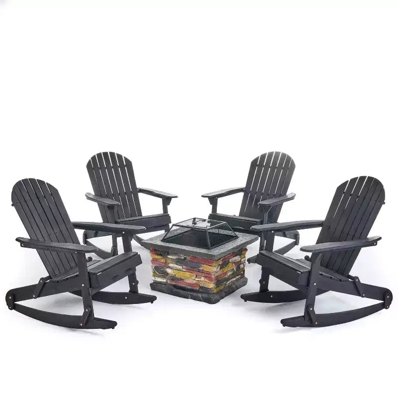 Christopher Knight Home Hermes, ensemble de 5 pièces pour extérieur, fauteuils à bascule Adirondack en bois d'acacia et foyer