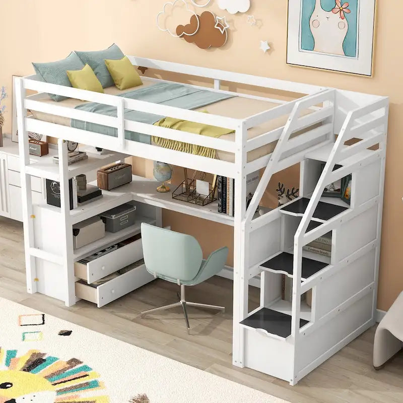 Twin Size Loft Bed with Desk and Shelves, Two Built-in Drawers, Storage Staircase