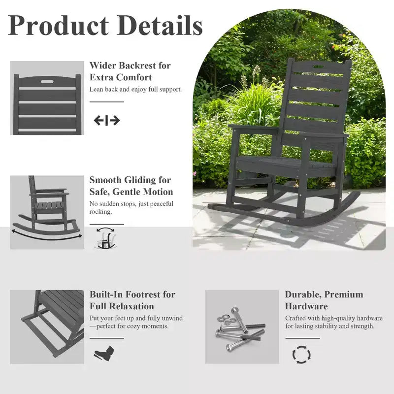 Hyleory Extra Wide HDPE Outdoor Adirondack Rocking Chair with Built-In Footrest and 30 Recline for Ultimate Relaxation