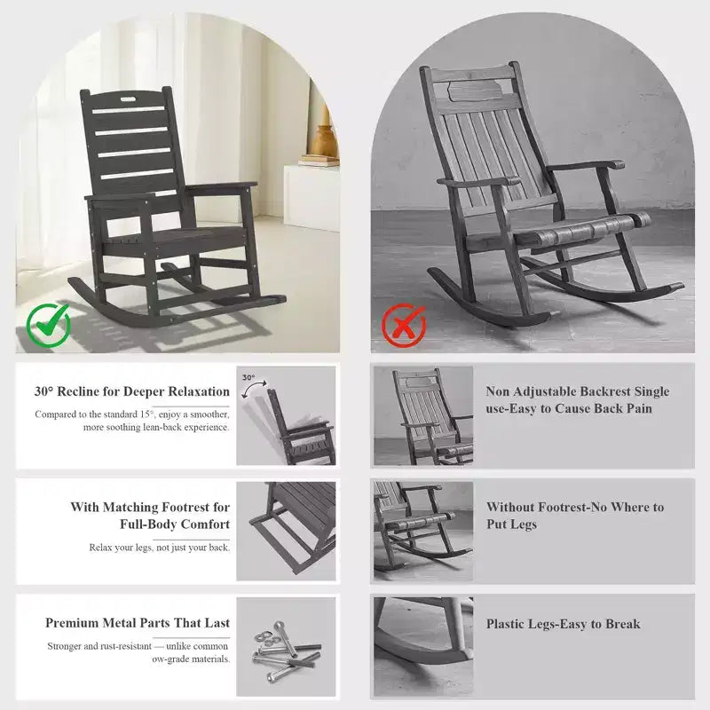 Hyleory Extra Wide HDPE Outdoor Adirondack Rocking Chair with Built-In Footrest and 30 Recline for Ultimate Relaxation