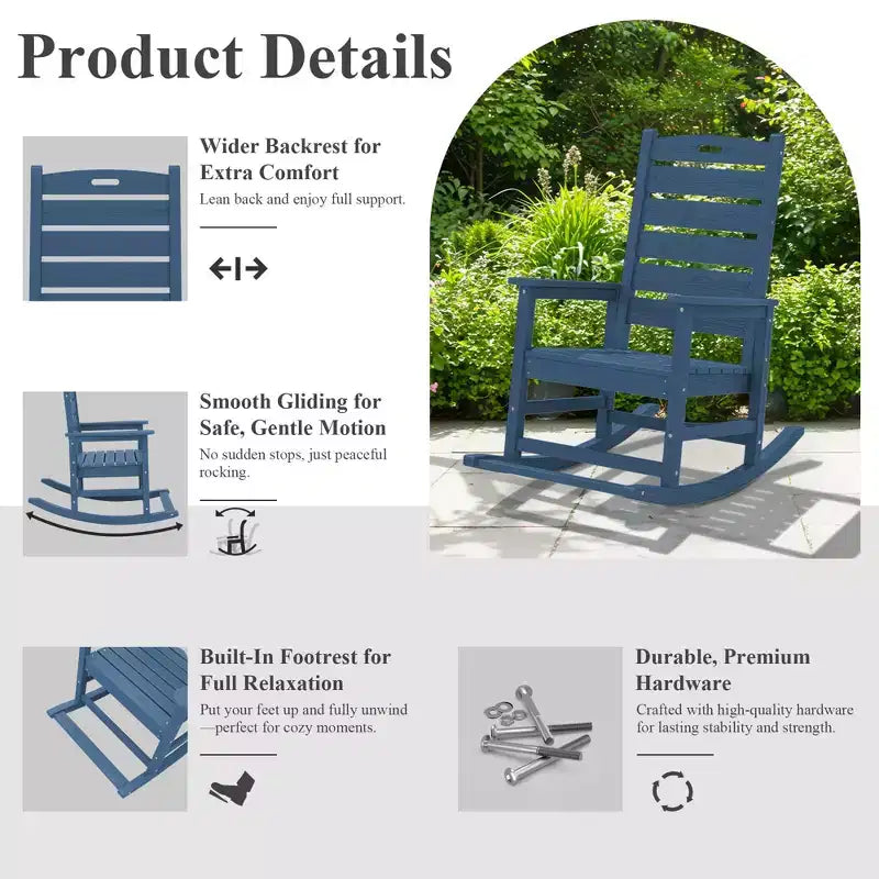 Hyleory Extra Wide HDPE Outdoor Adirondack Rocking Chair with Built-In Footrest and 30 Recline for Ultimate Relaxation