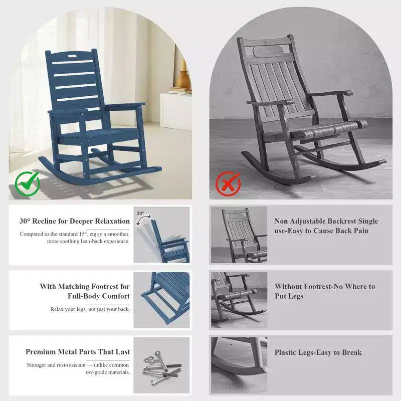 Hyleory Extra Wide HDPE Outdoor Adirondack Rocking Chair with Built-In Footrest and 30 Recline for Ultimate Relaxation