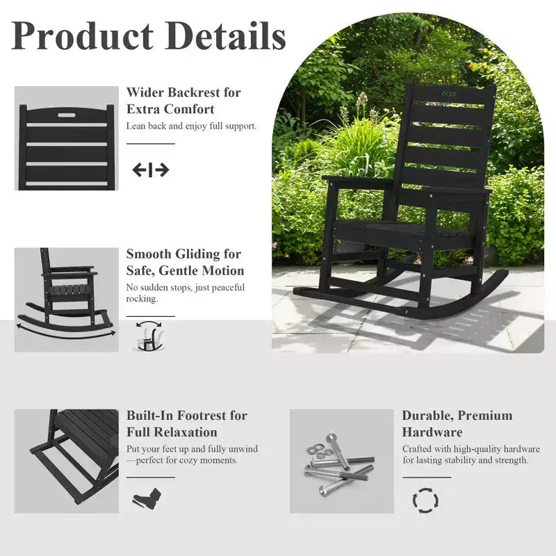 Hyleory Extra Wide HDPE Outdoor Adirondack Rocking Chair with Built-In Footrest and 30 Recline for Ultimate Relaxation