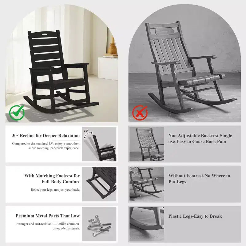 Hyleory Extra Wide HDPE Outdoor Adirondack Rocking Chair with Built-In Footrest and 30 Recline for Ultimate Relaxation