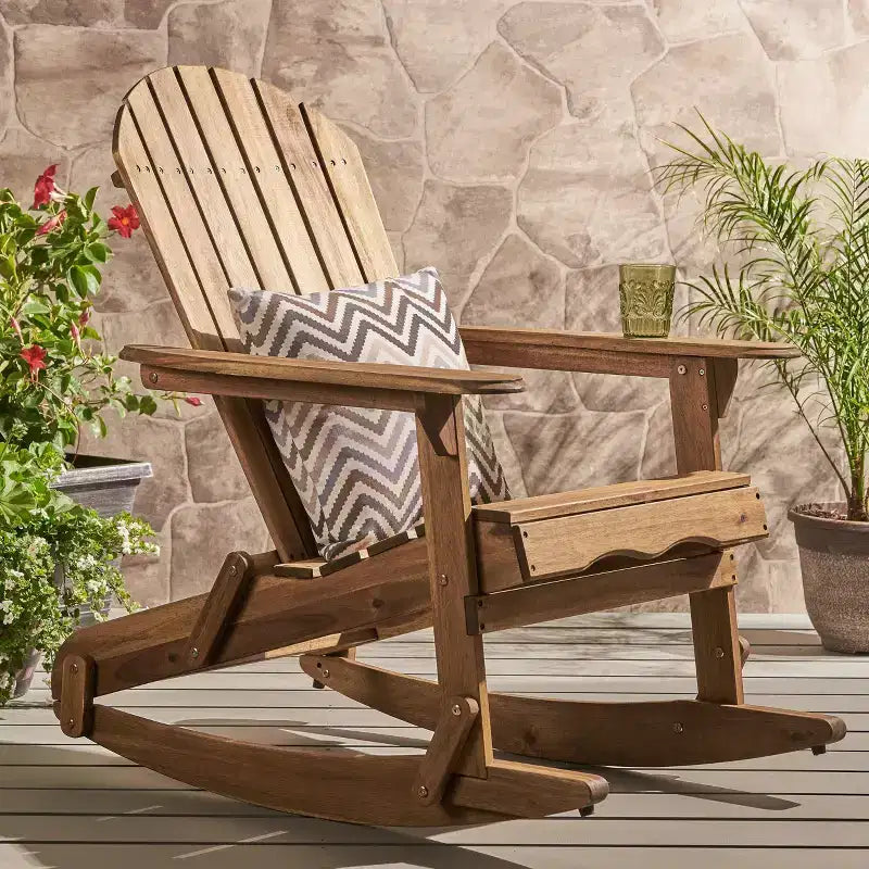 Okak Rustic Adirondack Rocking Chair Premium Acacia Accent Chairs,1 Pc,Outdoor Lazy Chair for Porch,Backyard&Garden,Natural