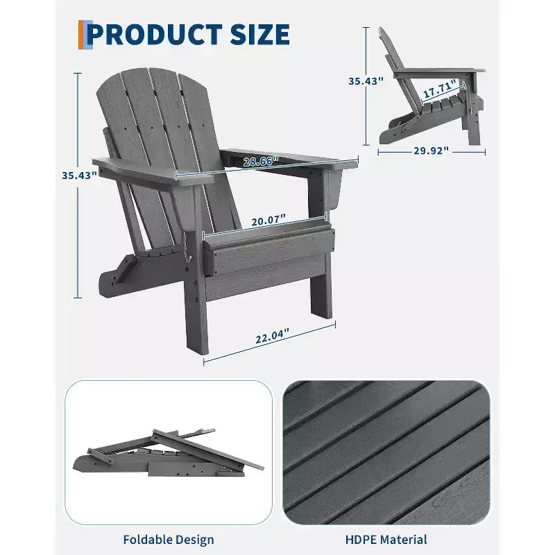 Folding Adirondack Chair - HDPE Outdoor All-Weather Fire Pit Chairs, Ergonomic Extended Backrest for Patio, Garden Pool, Backyard