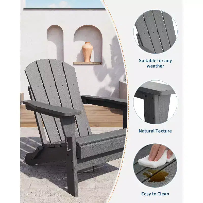 Folding Adirondack Chair - HDPE Outdoor All-Weather Fire Pit Chairs, Ergonomic Extended Backrest for Patio, Garden Pool, Backyard