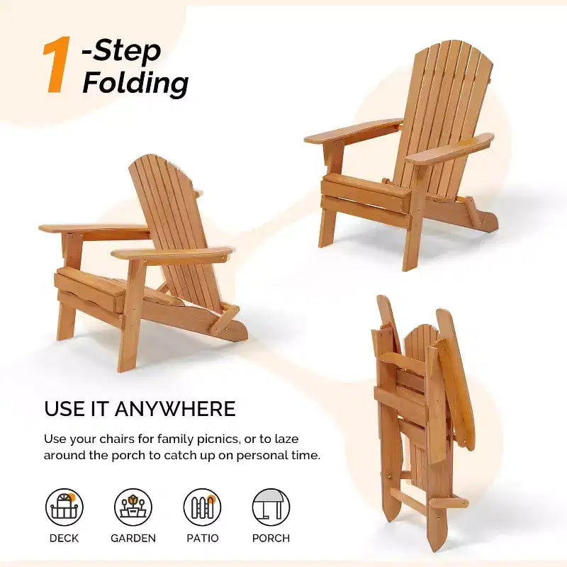 VINGLI Folding Adirondack Chair, Wood Adirondack Chairs for Outdoor, Foldable Fire Pit Chairs for Patio, BBQ, Porch, Yard, Pool