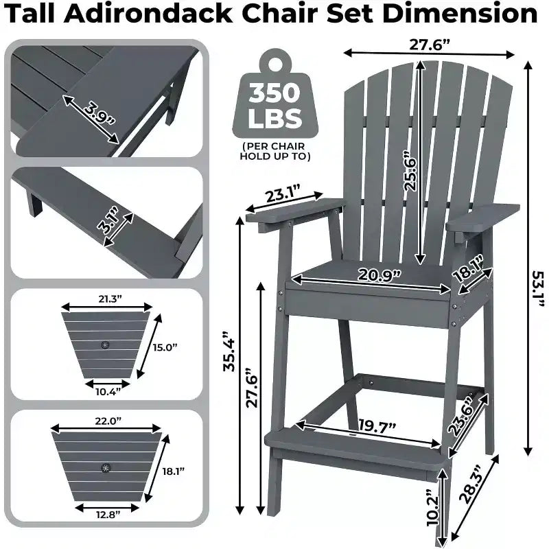 Patio Tall Adirondack Chairs Bar Chairs, Outdoor Adirondack Barstools with Connecting Tray, Bar Stool Chair with High Back for Deck, Balcony