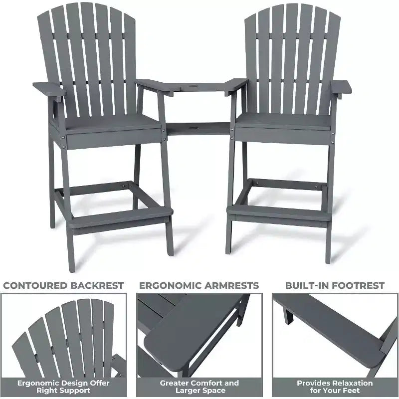 Patio Tall Adirondack Chairs Bar Chairs, Outdoor Adirondack Barstools with Connecting Tray, Bar Stool Chair with High Back for Deck, Balcony
