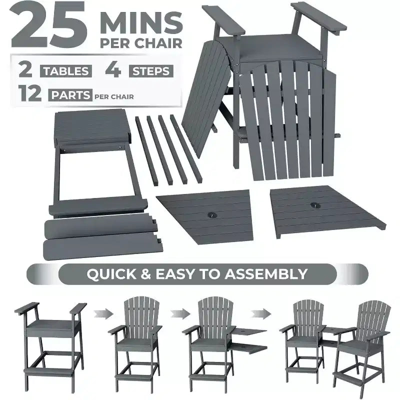 Patio Tall Adirondack Chairs Bar Chairs, Outdoor Adirondack Barstools with Connecting Tray, Bar Stool Chair with High Back for Deck, Balcony
