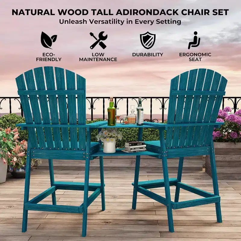 Patio Tall Adirondack Chairs Bar Chairs, Outdoor Adirondack Barstools with Connecting Tray, Bar Stool Chair with High Back for Deck, Balcony