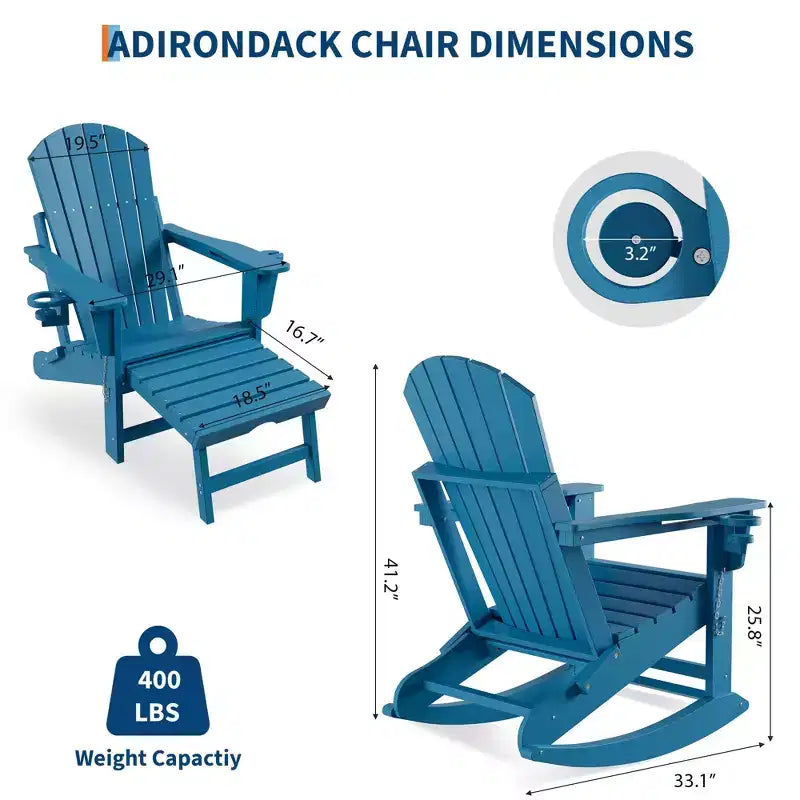 Rocking Adirondack Chairs, Folding Adirondack Rocking Chair With Footrest, Adirondack RockingChair Outdoor With Retractable Ottoman and Cup Holder