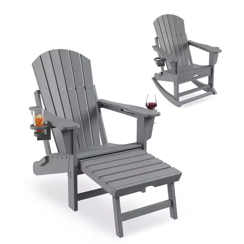 Rocking Adirondack Chairs, Folding Adirondack Rocking Chair With Footrest, Adirondack RockingChair Outdoor With Retractable Ottoman and Cup Holder