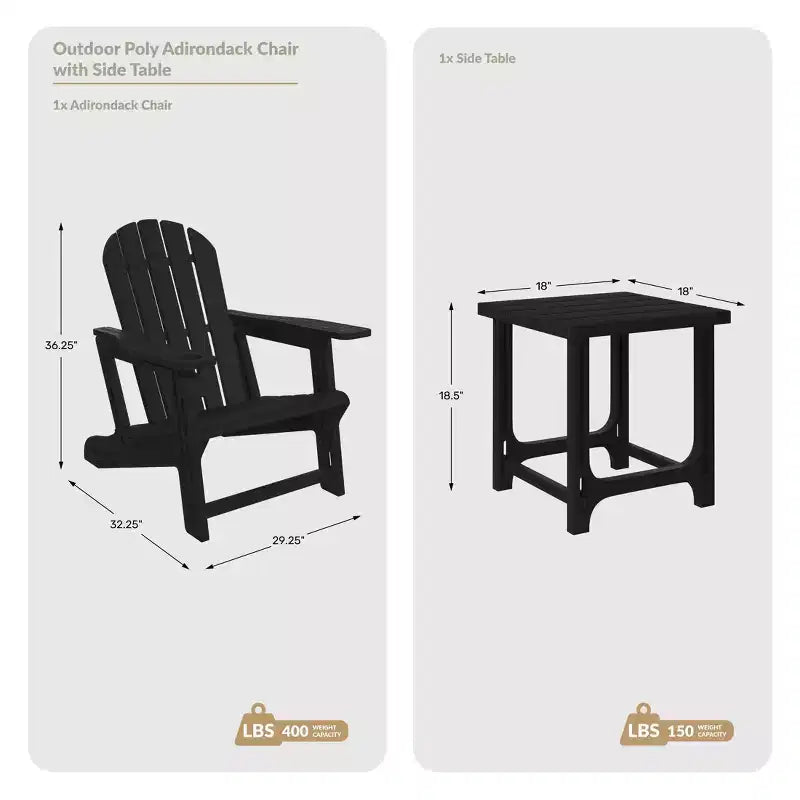 WestinTrends Azura Ensemble de 2 chaises de patio Adirondack en plastique HDPE avec table d'appoint de 18 po, Noir
