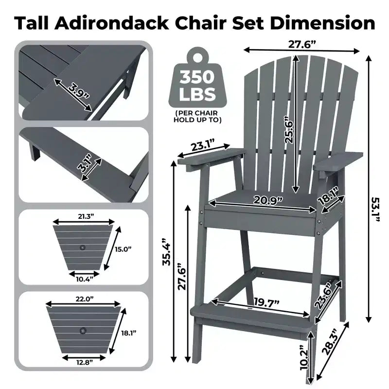 Patio Tall Adirondack Chairs, Outdoor Adirondack Barstools with Connecting Tray, Natural Wooden Bar Stool Chair with High Back for Deck, Balcony
