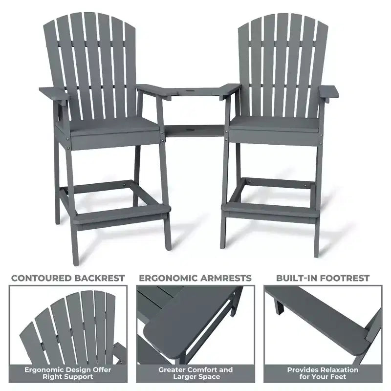 Patio Tall Adirondack Chairs, Outdoor Adirondack Barstools with Connecting Tray, Natural Wooden Bar Stool Chair with High Back for Deck, Balcony