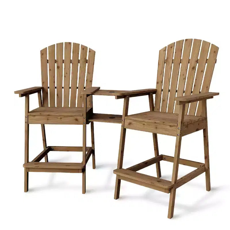 Patio Tall Adirondack Chairs, Outdoor Adirondack Barstools with Connecting Tray, Natural Wooden Bar Stool Chair with High Back for Deck, Balcony