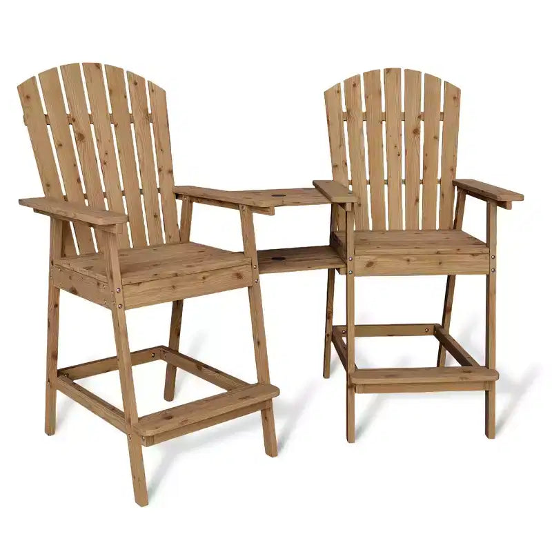 Patio Tall Adirondack Chairs, Outdoor Adirondack Barstools with Connecting Tray, Natural Wooden Bar Stool Chair with High Back for Deck, Balcony
